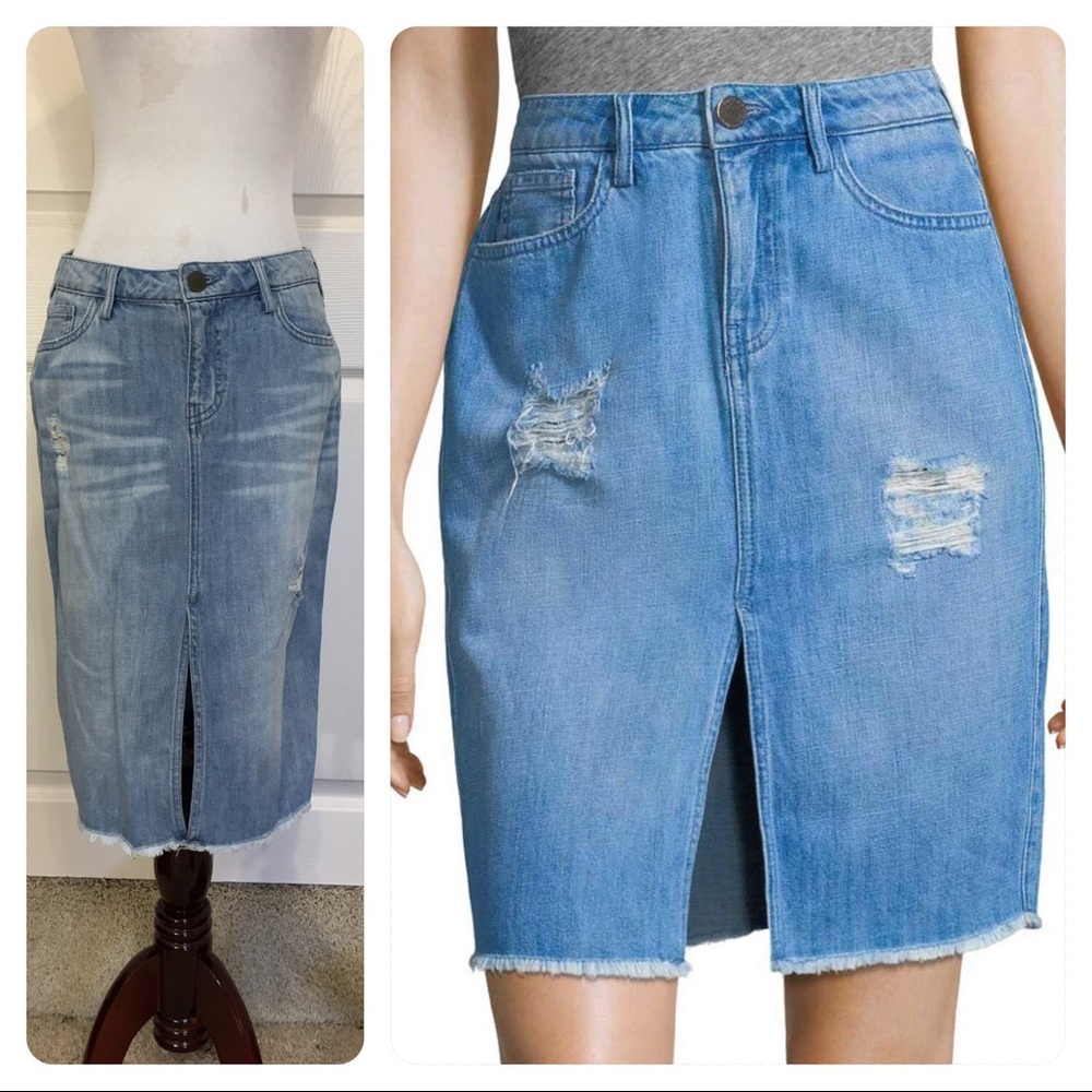Etienne Marcel Distressed Jean Pencil Skirt